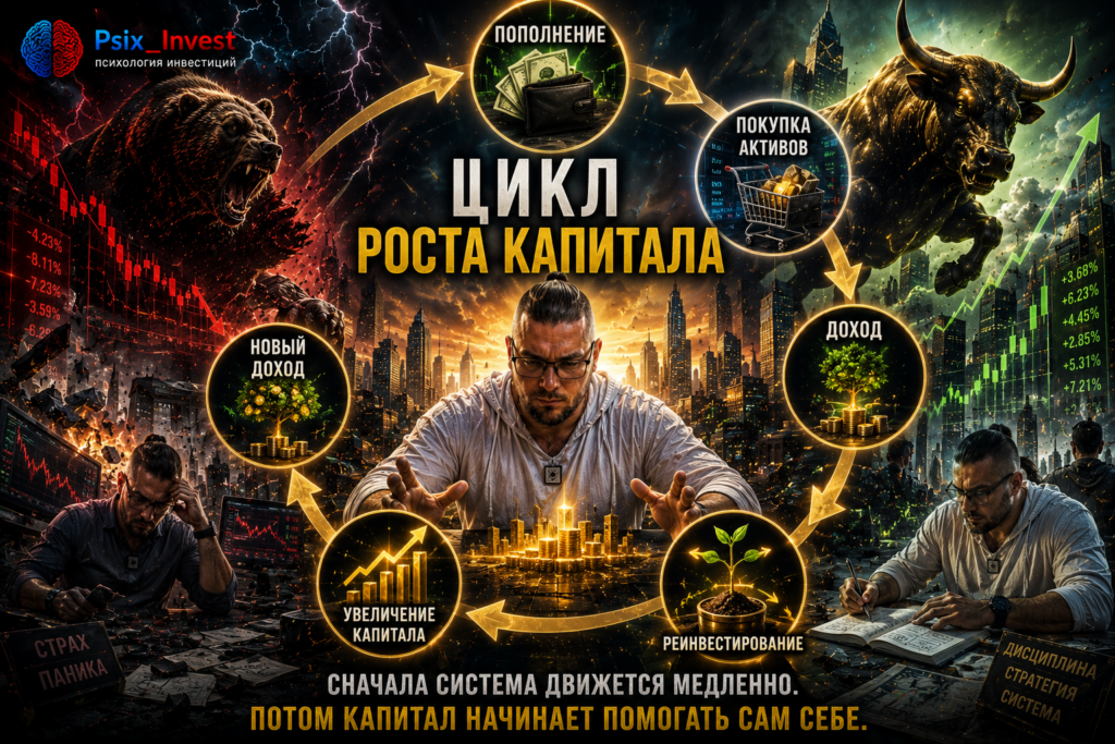 Цикл увеличения инвестиционного капитала через регулярные пополнения и реинвестирование дохода