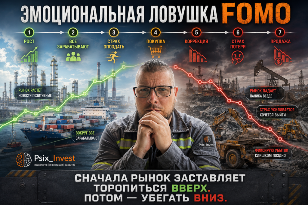 Цикл FOMO от быстрого роста актива до эмоциональной продажи после коррекции