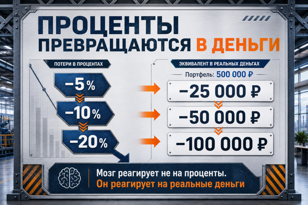 Потери в рублях при снижении инвестиционного портфеля на 5, 10 и 20 процентов