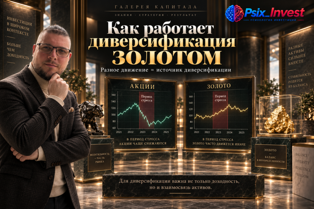 Различное поведение золота и акций как механизм диверсификации портфеля.