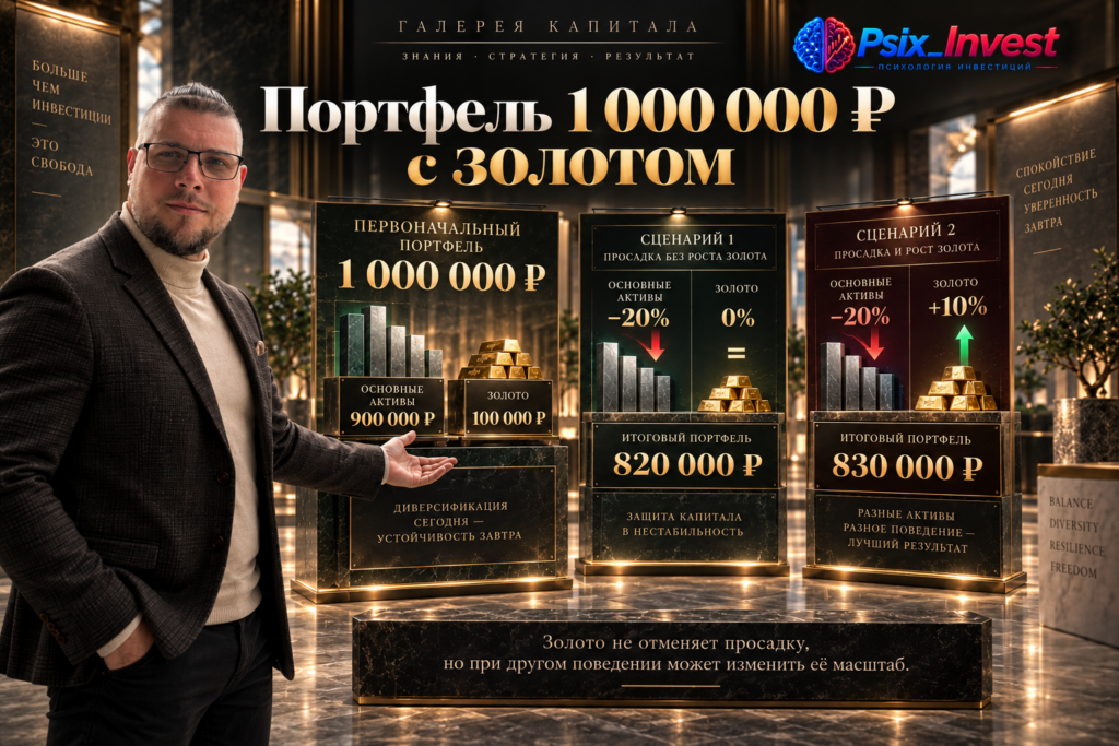 Расчёт влияния десятипроцентной доли золота на просадку портфеля стоимостью один миллион рублей.