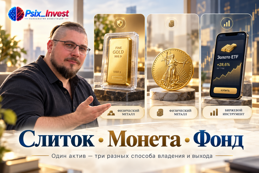 Сравнение золотого слитка, инвестиционной монеты и фонда на золото как трёх способов инвестирования в золото.