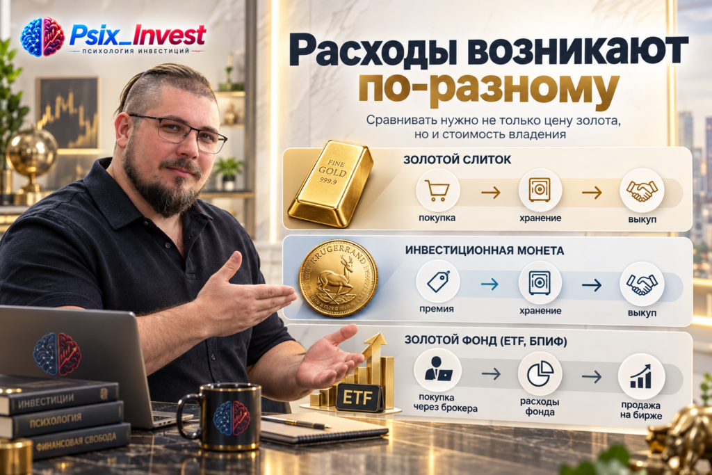Схема расходов при покупке золотого слитка, инвестиционной монеты и фонда на золото.