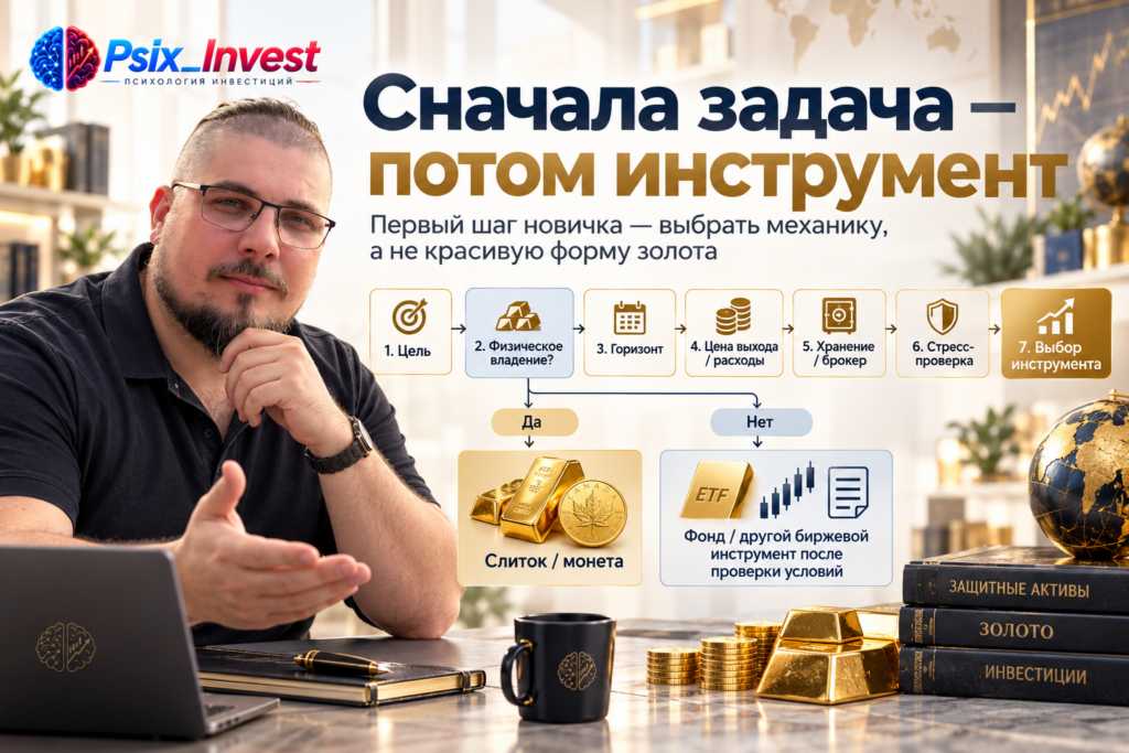 Пошаговая схема выбора между золотым слитком, инвестиционной монетой и фондом на золото.