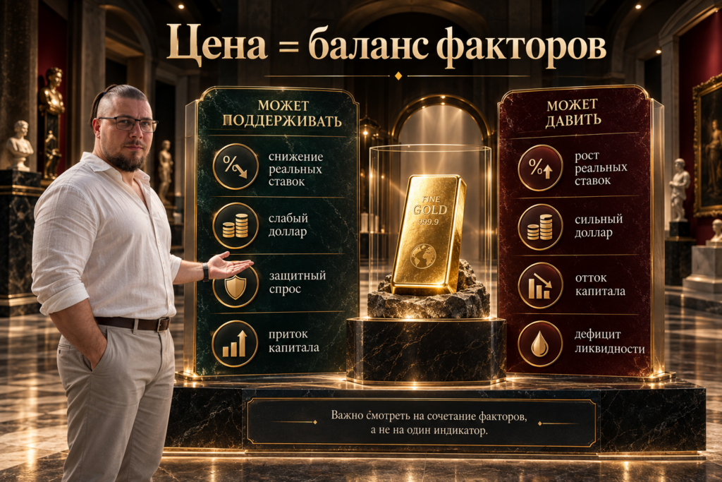 Сравнение факторов, которые могут поддерживать или снижать цену золота.
