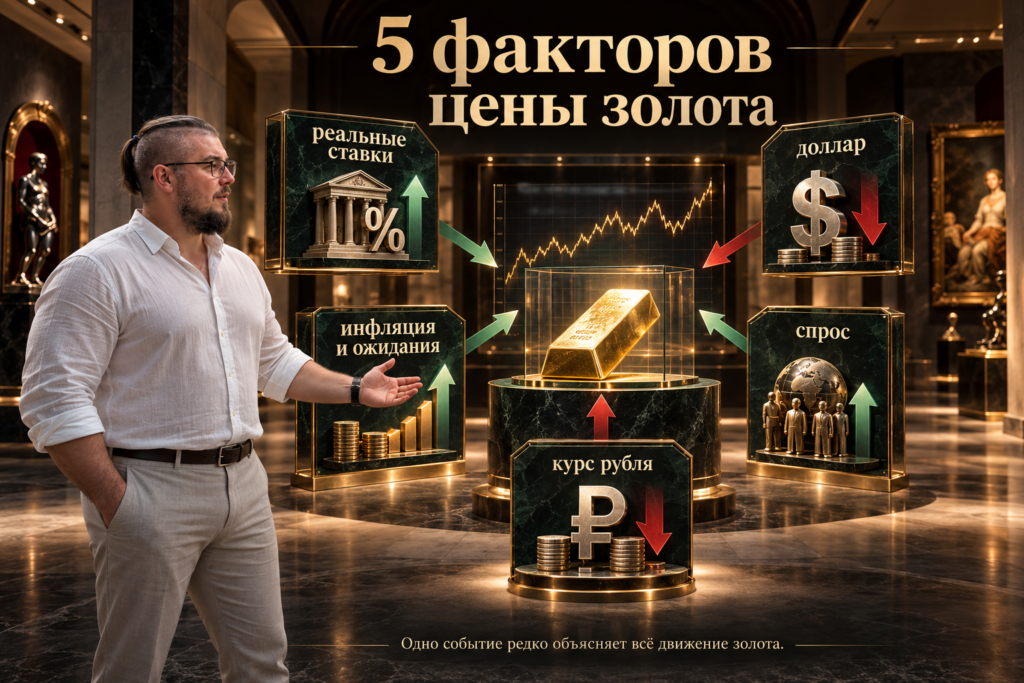 Учебный расчёт влияния мировой цены золота и курса доллара на стоимость грамма золота в рублях.
