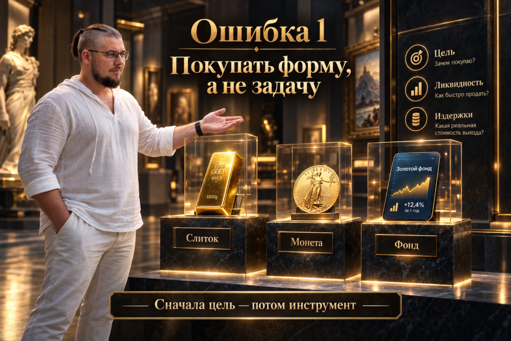 Сравнение способов инвестиций в золото: слиток, золотая монета и фонд на золото.