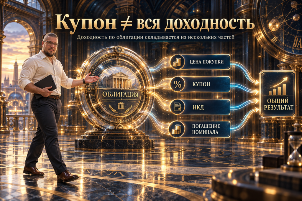 Купон, НКД, цена покупки и погашение как части денежного результата облигации.