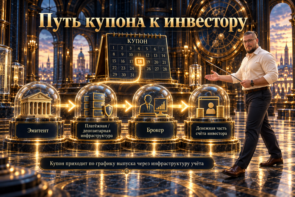 Пошаговая схема проверки купонной облигации: номинал, цена, купон, дата выплаты, НКД, погашение и доходность.