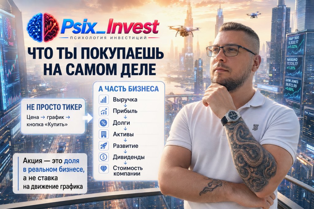 Схема, показывающая, что покупка акции означает владение частью реального бизнеса