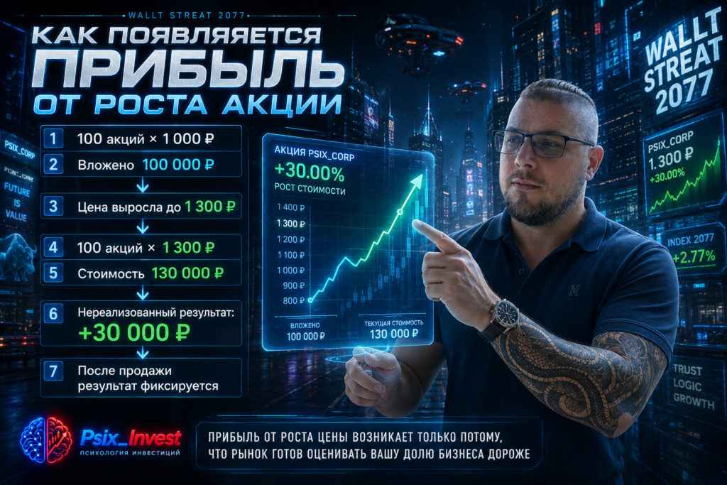 Пример расчёта прибыли инвестора при росте стоимости ста акций