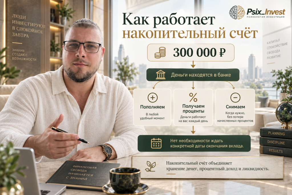 Схема работы накопительного счёта с пополнением, снятием и начислением процентов