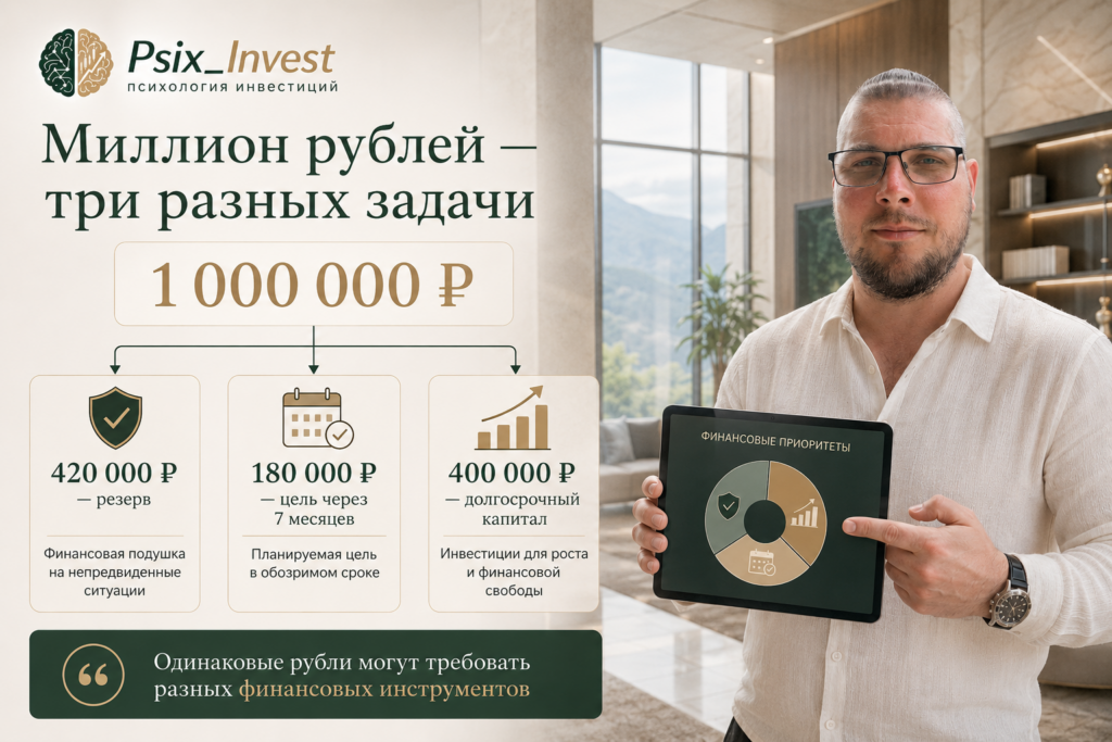 Пример разделения одного миллиона рублей между финансовой подушкой, короткой целью и долгосрочным капиталом