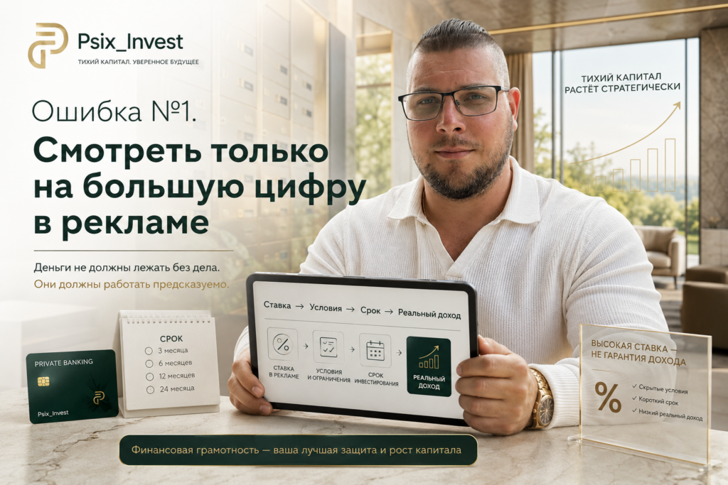 Создай банер в стиле **«Private Banking / Quiet Capital»**. Атмосфера спокойствия, защищённости и порядка. Светлый премиальный интерьер современного банка или private-banking lounge: натуральный камень, дерево, матовое стекло, мягкий дневной свет, крупные окна, минимум визуального шума. Алексей — в светлой рубашке или тонком трикотаже, спокойный и уверенный, сидит за столом или держит планшет с простой схемой «сумма → ставка → срок → результат». На фоне можно использовать сейфовые ячейки, банковскую карту, календарь срока, значок процента и график накопления. Палитра: **молочный,** **бежевый, светлый серый, глубокий зелёный,** **немного шампанского/золота**. Визуальная идея: **«деньги лежат не без дела — они работают предсказуемо»**. :: Размер 1536\*1024 соотношение сторон 3:2 :: Тема - Ошибка №1. Смотреть только на большую цифру в рекламе :: Используй главного героя алексея как на изображение