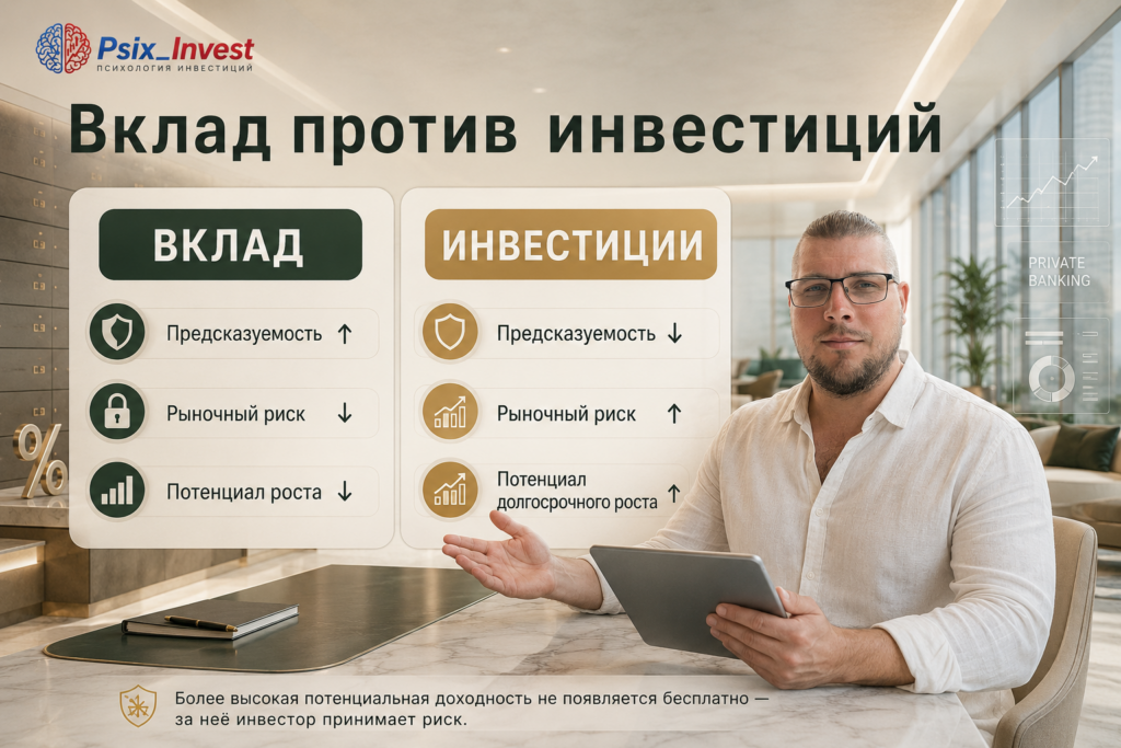 Сравнение банковского вклада и инвестиций по предсказуемости, риску и потенциалу роста