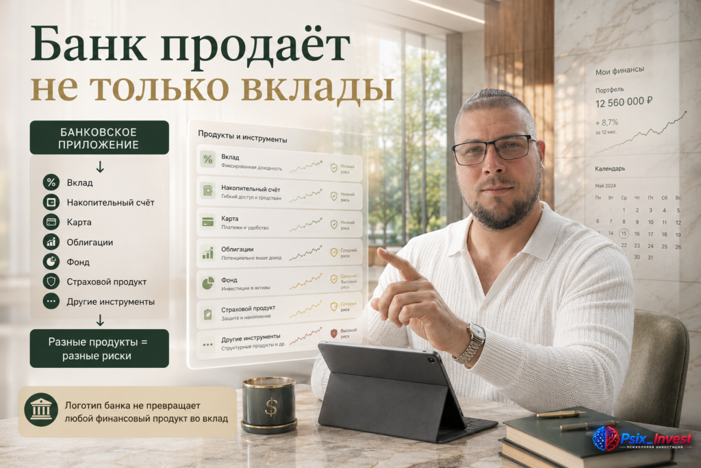 Разные продукты в банковском приложении: вклад, накопительный счёт, карта и инвестиционные инструменты