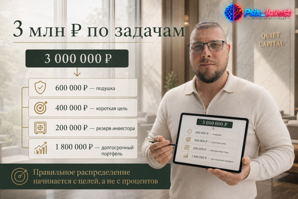 Разделение трёх миллионов рублей между финансовой подушкой, короткими целями, резервом и инвестиционным портфелем
