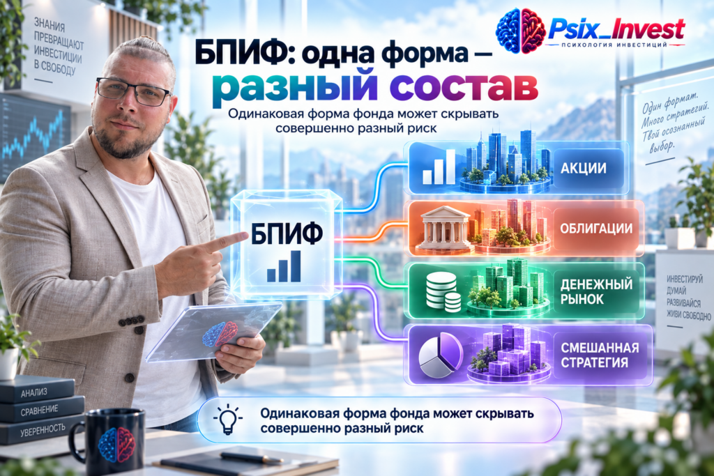 Разные виды активов и стратегий внутри БПИФ.