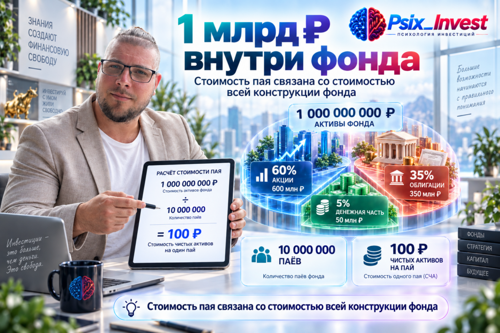 Пример распределения активов БПИФ и расчёта стоимости чистых активов на пай.