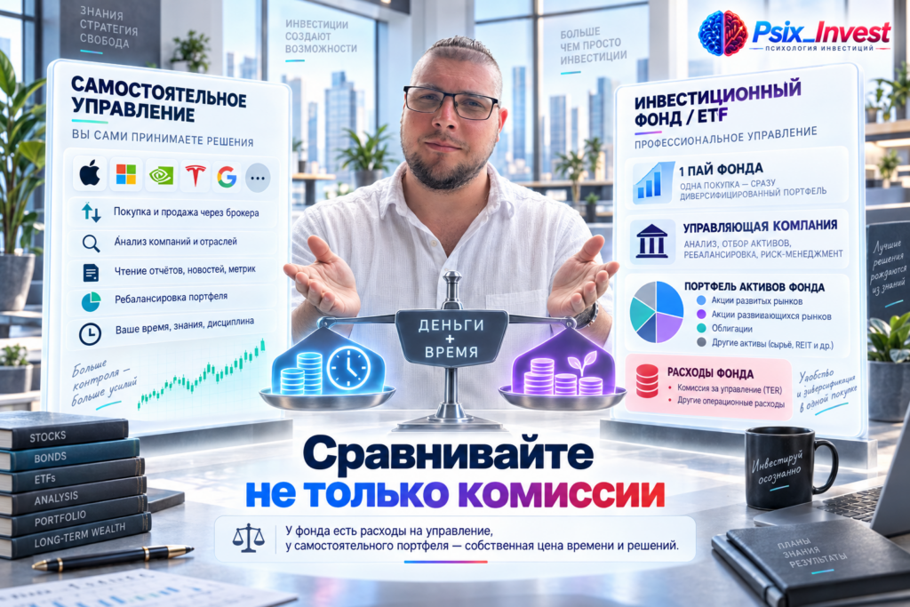 «Сравнение расходов и времени при покупке отдельных акций и инвестиционного фонда».