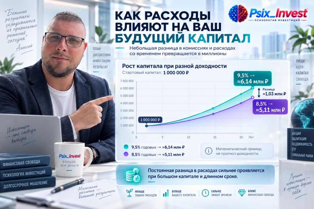 Математическое сравнение роста одного миллиона рублей при 9,5 и 8,5 процента годовых за двадцать лет.