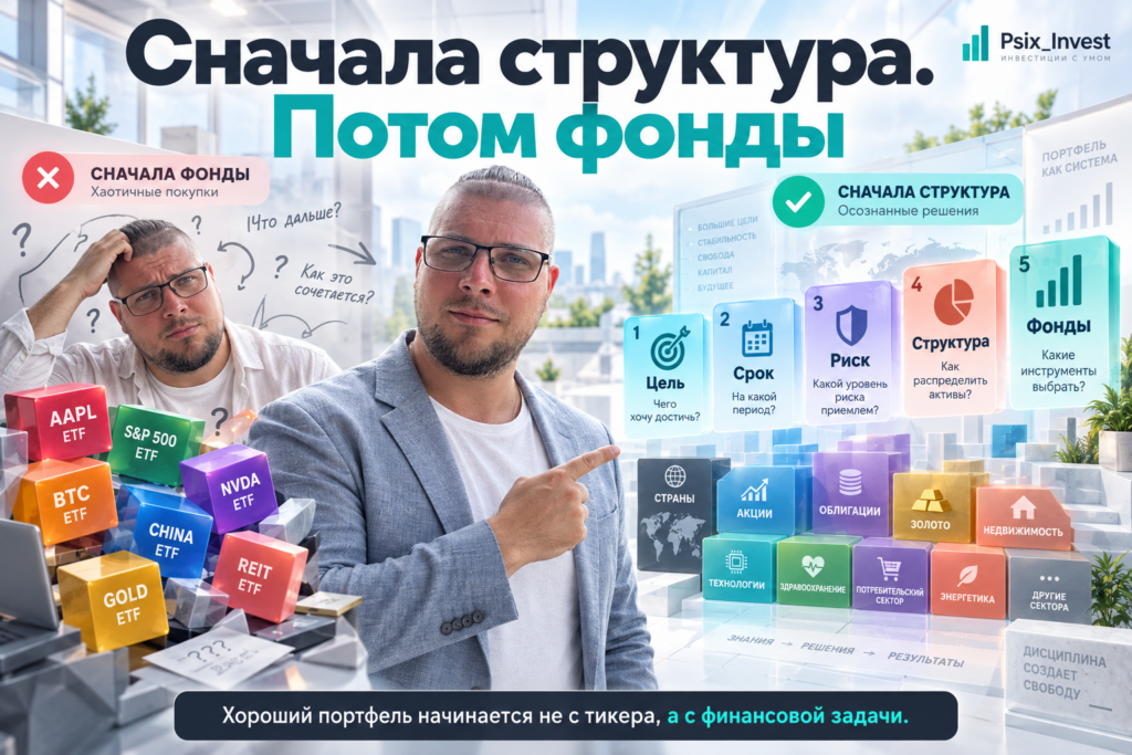 Сравнение хаотичной покупки фондов и правильной последовательности формирования инвестиционного портфеля.