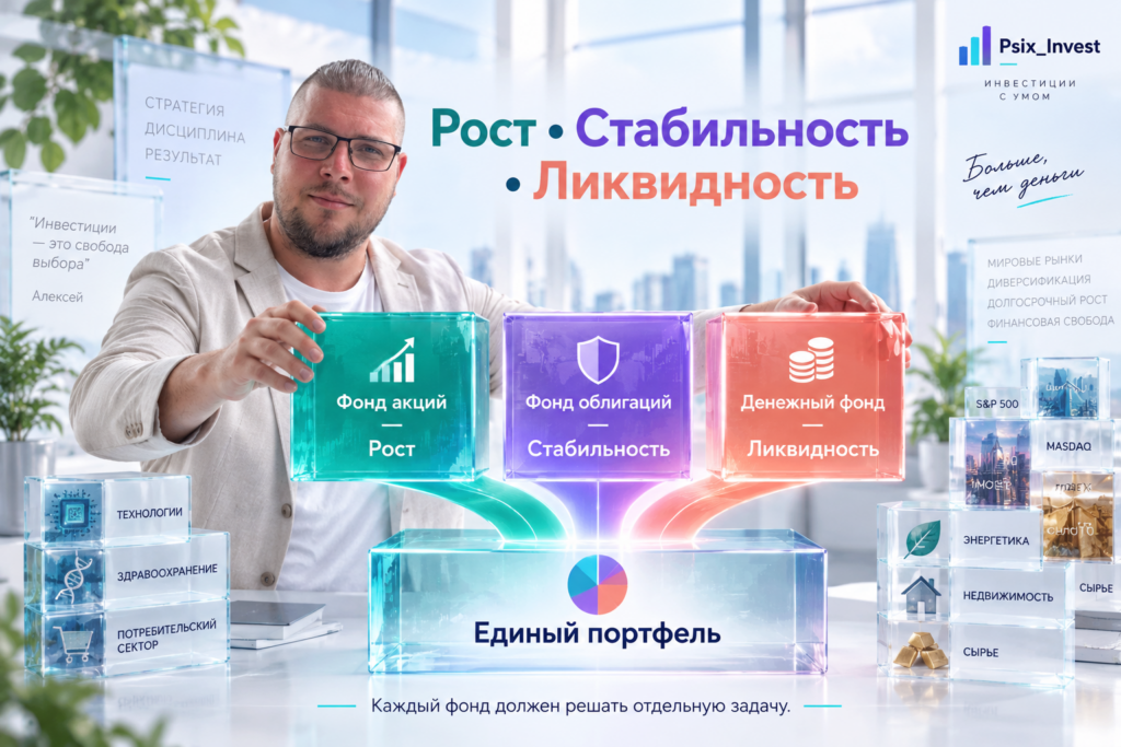 Схема инвестиционного портфеля из фондов акций, облигаций и денежного рынка.