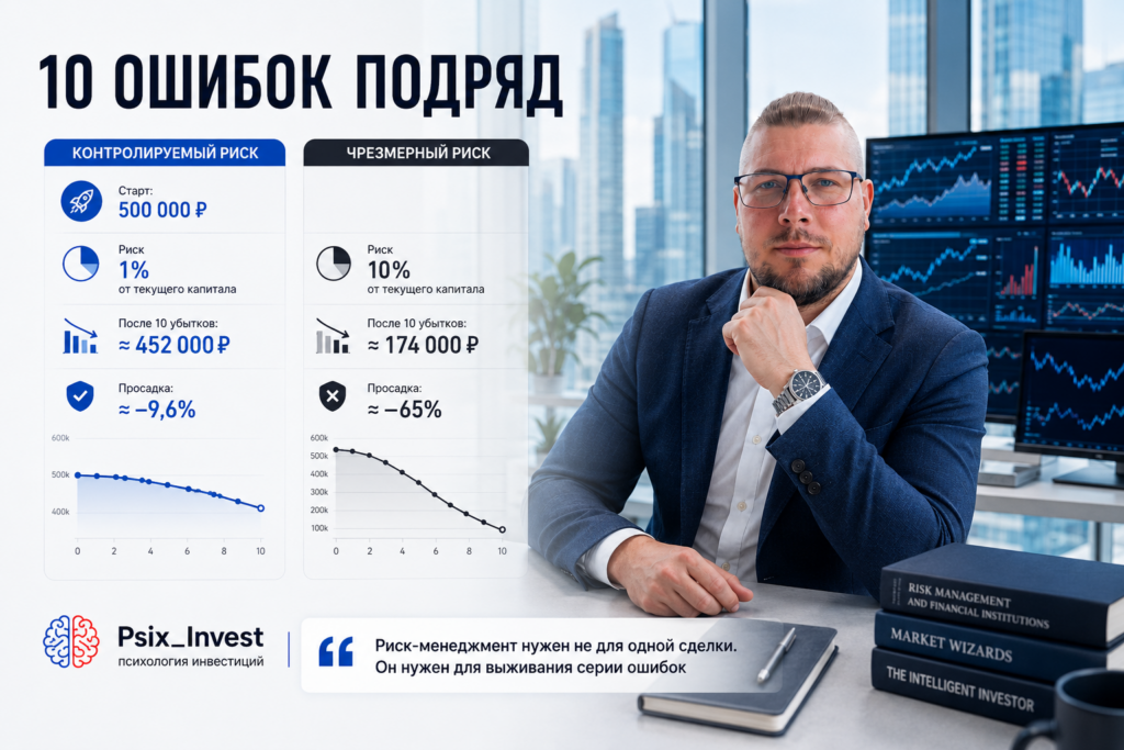 Сравнение потери капитала после десяти убыточных сделок при риске 1% и 10%