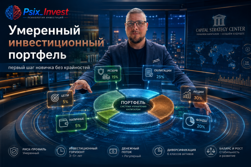 Создай банер в стиле **Capital Strategy Center, размером 1536\*1024, соотношение сторон 3:2 :: Используй главного героя Алексея, добавь логотип Psix\_Invest :: Тема -** # Умеренный инвестиционный портфель: первый шаг новичка без крайностей