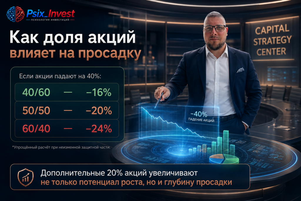 Сравнение возможной просадки при 40, 50 и 60 процентах акций в портфеле