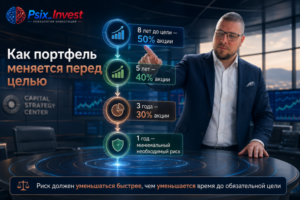 Схема постепенного снижения доли акций по мере приближения финансовой цели