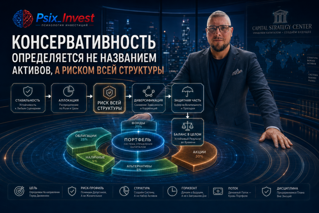 Структура консервативного портфеля из ОФЗ, корпоративных облигаций, денежной части и акций