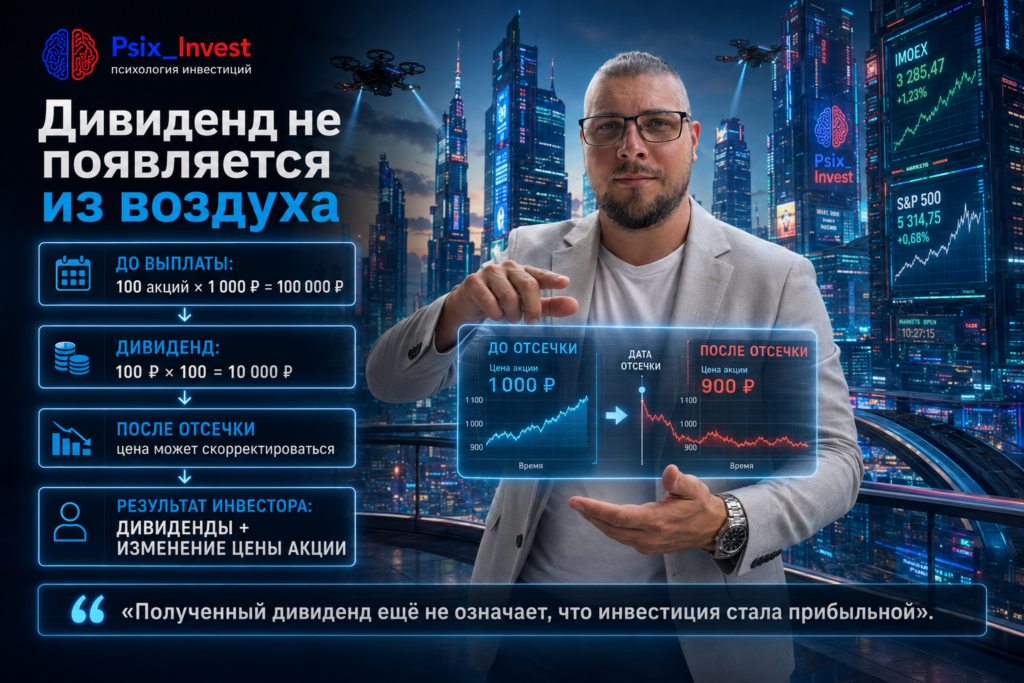 Пример изменения стоимости акции после дивидендной отсечки и расчёта общего результата инвестора
