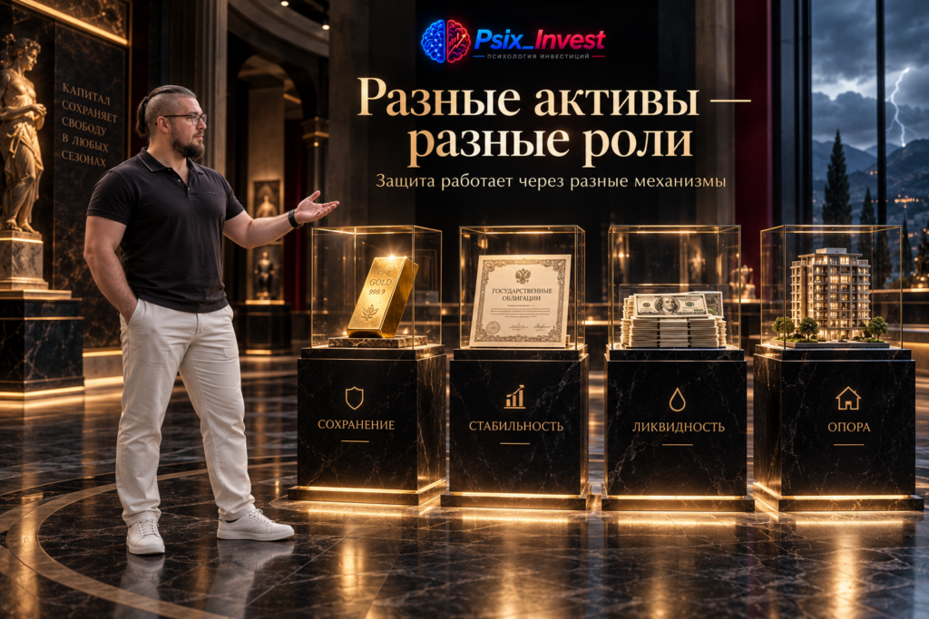 Сравнение роли золота, качественных облигаций и денежного рынка в защитной части портфеля.