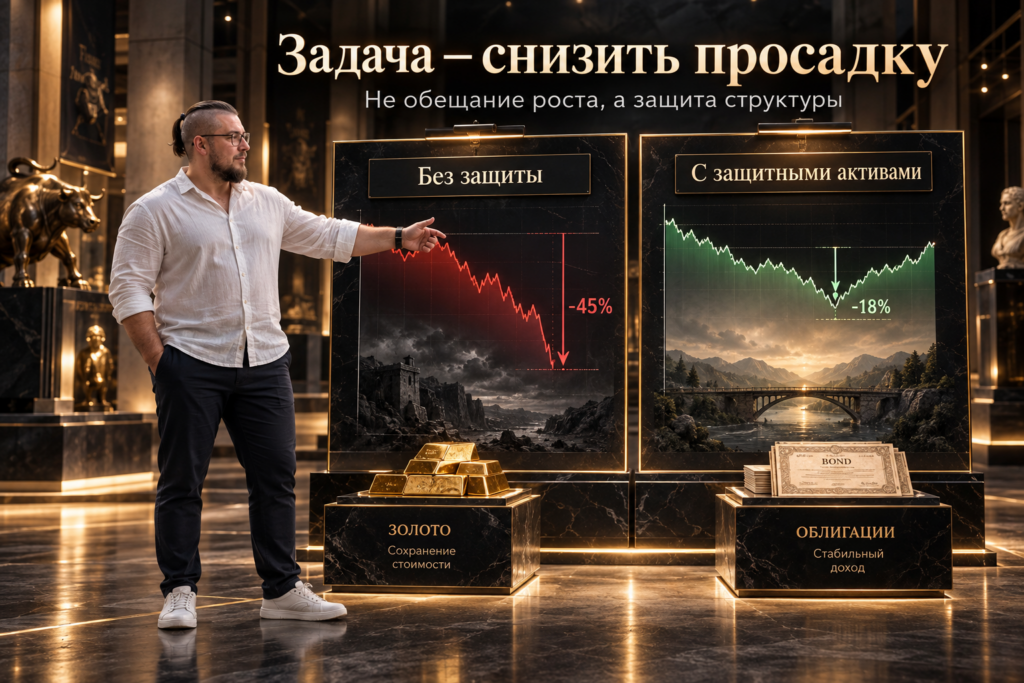Учебные примеры снижения просадки портфеля за счёт защитной части и диверсификации.