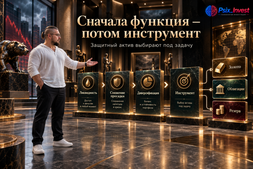 Пошаговая схема выбора защитных активов по цели, сроку, риску, ликвидности и правилу ребалансировки.