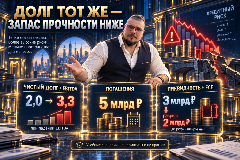 Учебные показатели кредитного риска: рост отношения чистого долга к EBITDA и дефицит ликвидности перед погашением.