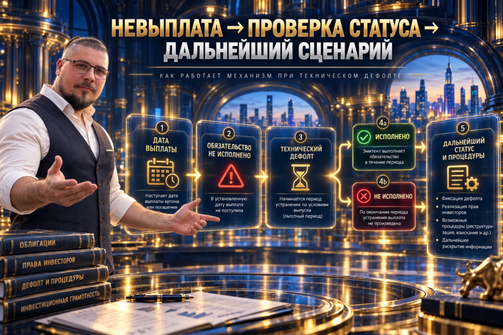 Пошаговая схема оценки риска дефолта эмитента по рейтингу, долгу, денежному потоку, погашениям и размеру позиции.