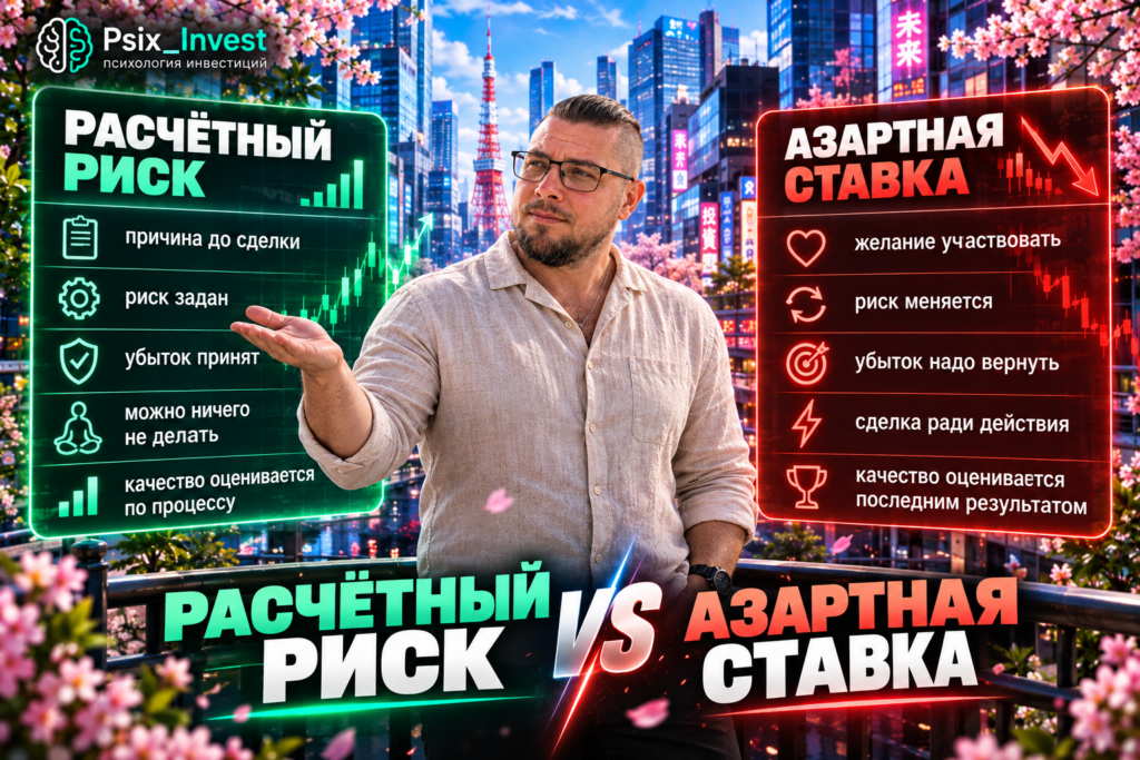 Схема различий между расчётным риском и азартной ставкой в инвестициях и трейдинге.