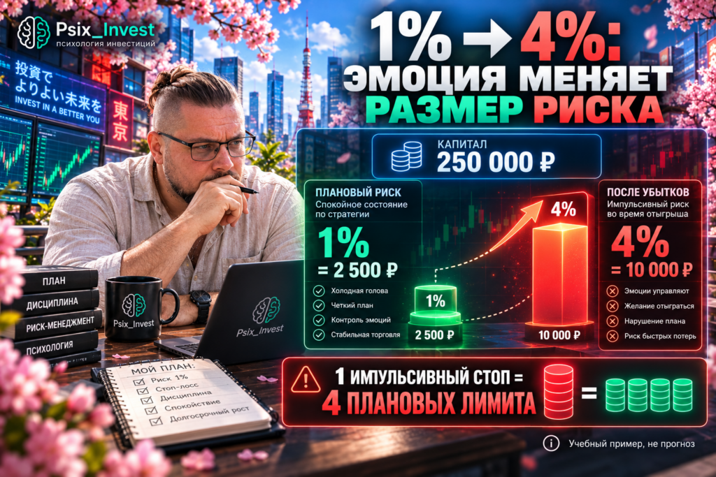 Учебный пример роста риска с 1 до 4 процентов при попытке отыграться после убытка.